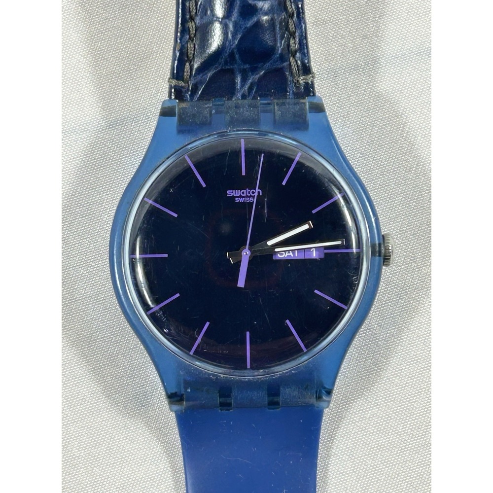 Vintage Swatch Gent Blue Transparent Day Date Swiss Quartz Watch Leather Strap